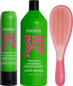 Matrix Food For Soft šampón 1000ml + kondicionér 300ml + My-She Tangla Round Pink kefa