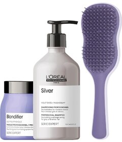 L'Oréal Professionnel Silver šampón 500ml + Blondifier maska 500ml + My-She ChordBrush Purple kefa