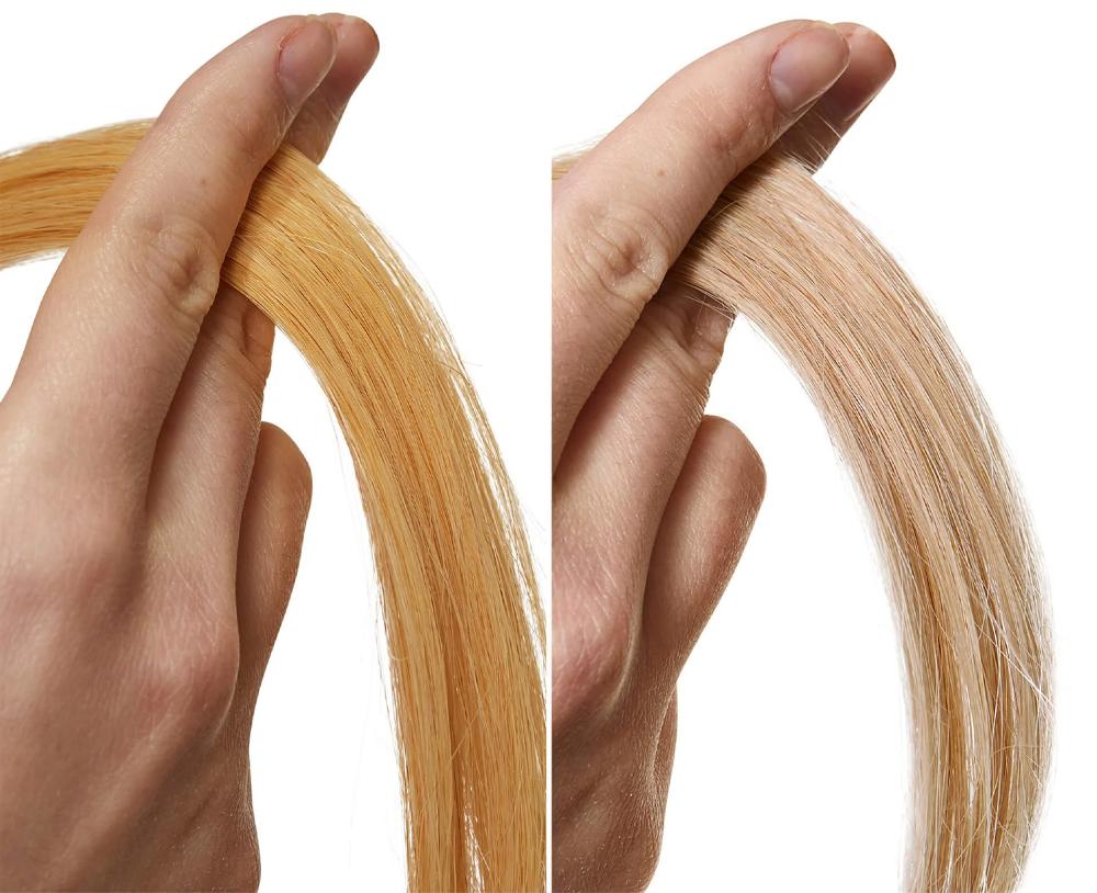 Porovnanie žlt&eacute;ho blond odtieňa pred neutraliz&aacute;ciou a studen&scaron;ieho v&yacute;sledku po použit&iacute; fialov&eacute;ho &scaron;amp&oacute;nu na vlasy