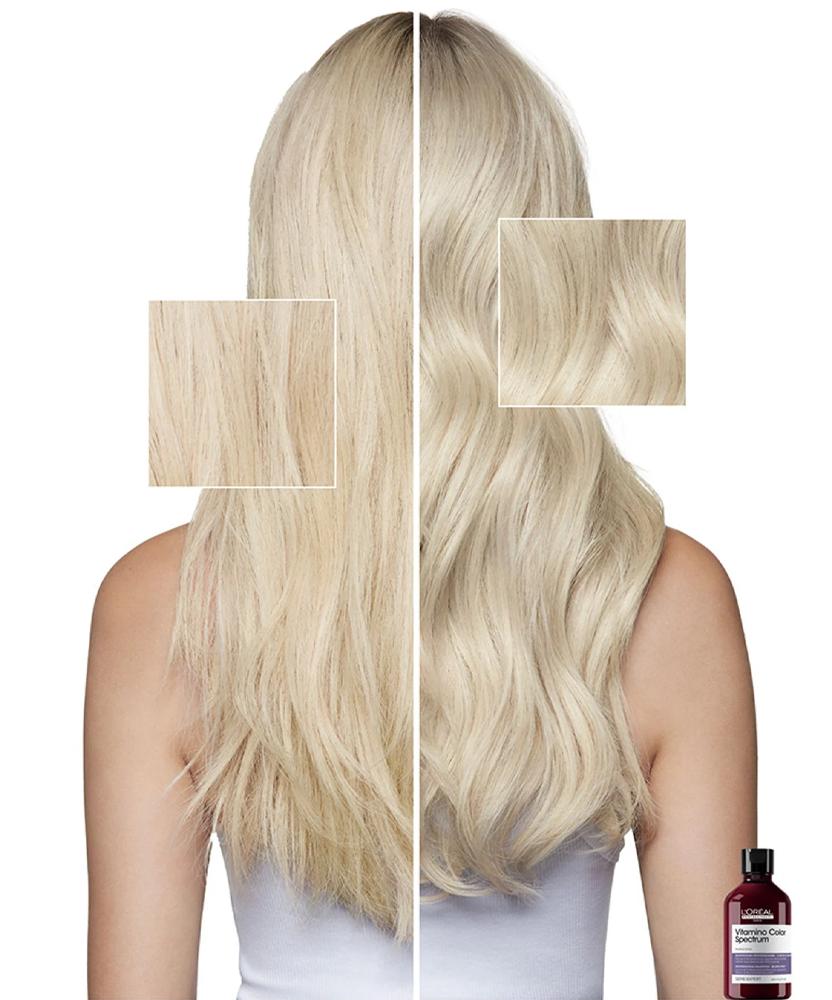 Porovnanie blond vlasov pred a po použit&iacute; L'Or&eacute;al fialov&eacute;ho &scaron;amp&oacute;nu na neutraliz&aacute;ciu žlt&yacute;ch t&oacute;nov